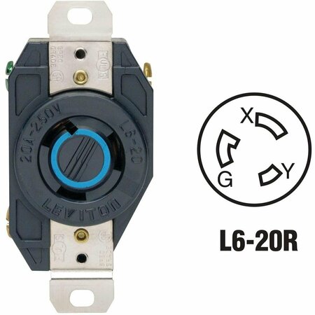 LEVITON 20A 250V Black Industrial Grade L6-20R Locking Outlet Receptacle 065-02320